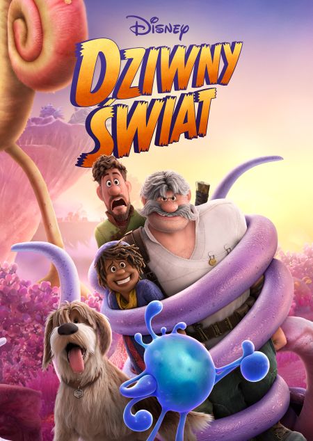 Okładka filmu, olbrzymia macja trzyma w uscisku dwóch mężczyzn i dziecko. 