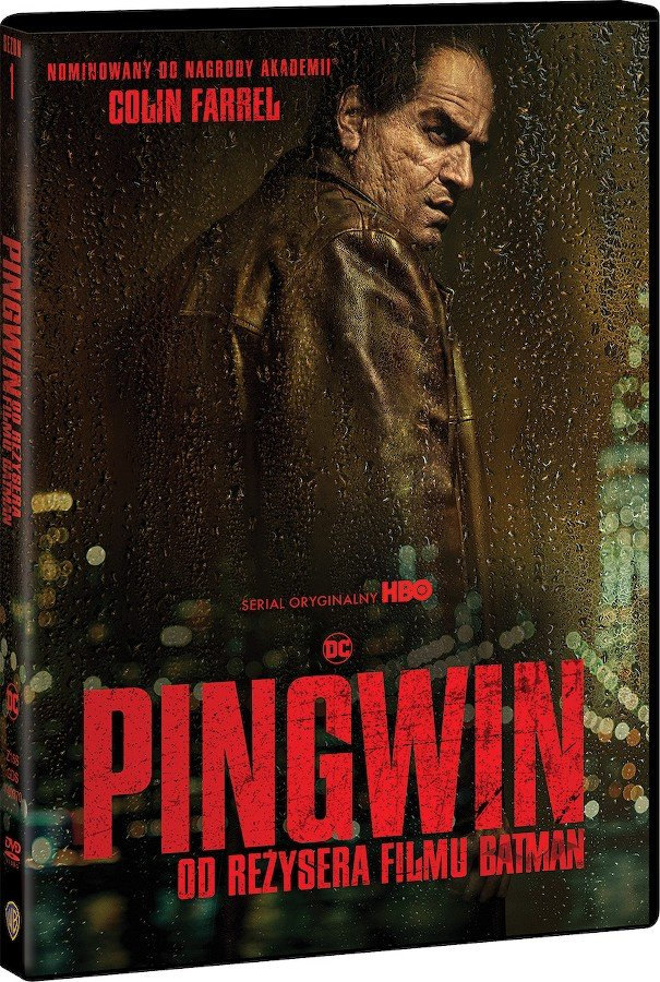 okładka płyty dvd Pingwin, Sezon 1, mroczna, mężczyzna w skórzanej kurtce obraca się, by spojrzeć w tył