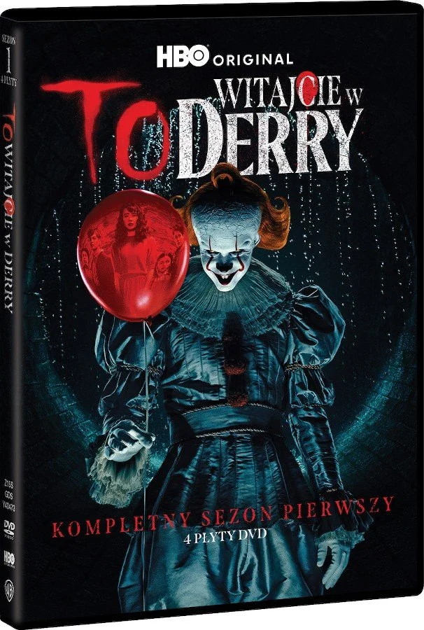 okładka płyty dvd, mroczny klaun w sukience z czerwonym balonikiem, w którym odbija się dziewczynka