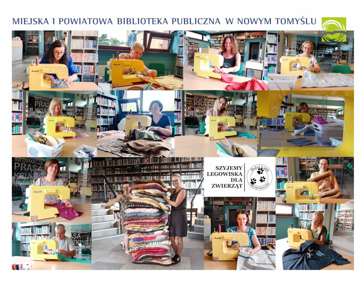 Kolaż zdjęć bibliotekarek szyjących na maszynach