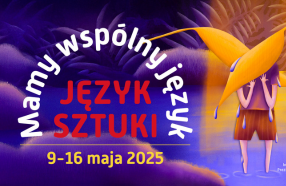 Napis: mamy wspólny język Język sztuki 9-16 maja 2025. grafika osoby stojącej po kosti w wodzie, twarz zaslaniają 2 żółtle liście