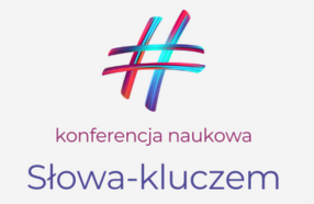 Niebieskoczerowny hasztag, napis: konferencja naukowa Słowa-kluczem
