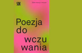 Okładka publikacji Poezja do wczuwania, na różowym tle jaskrawo zielone rozmazane plamy